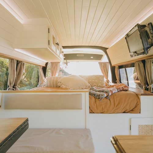 Campervan interior with bed